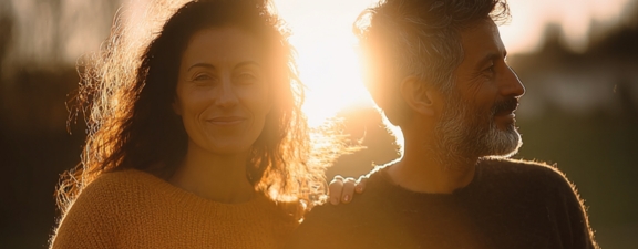 couple smiling and looking afar